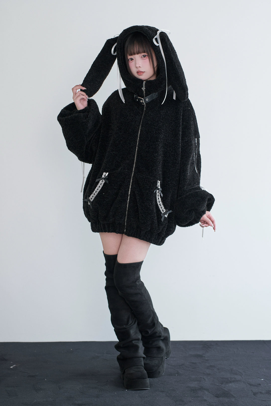 Daily Style Black Winter Coat, Bunny Ear Hood 44326:805280