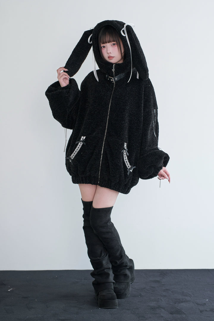 Daily Style Black Winter Coat, Bunny Ear Hood 44326:805280