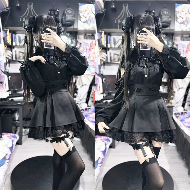 Jirai Kei Skirt Chinese Style High-Waisted Black Mini Skirt 34504:462126