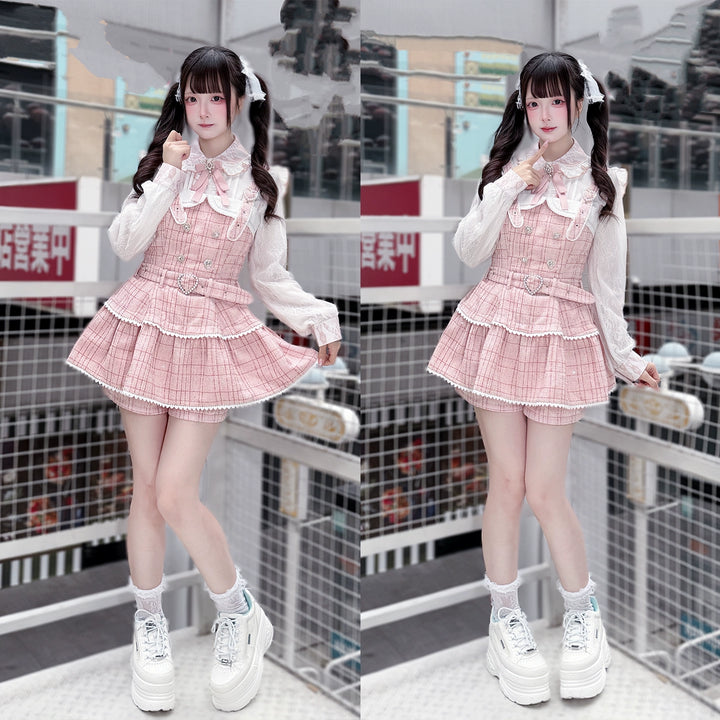 Tweed-like Jirai Kei Suspender Skirt, Matching Shorts 44178:799978