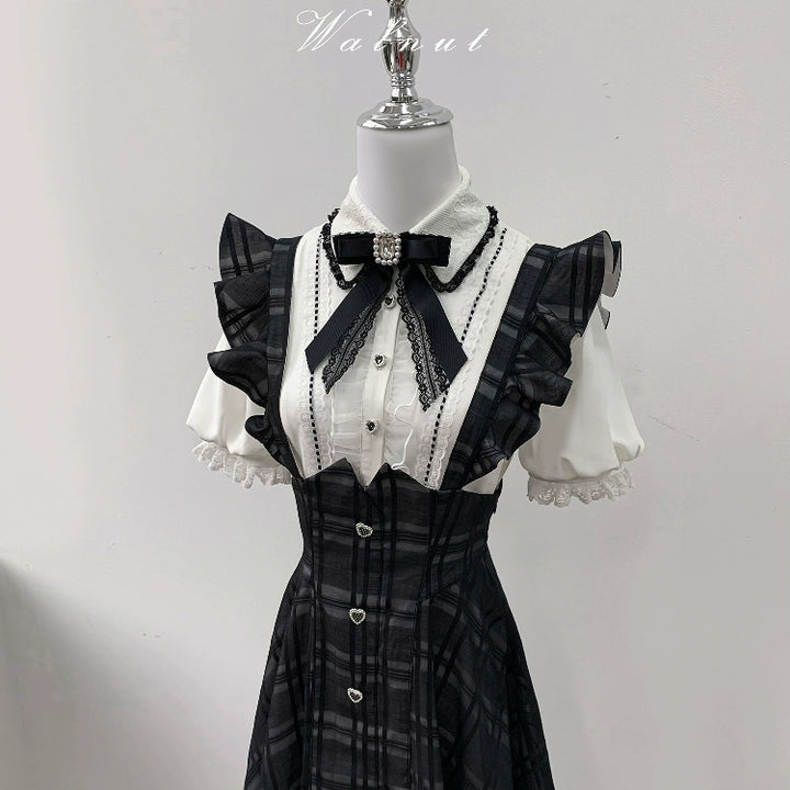 Black Jirai Kei Plaid Suspender Skirt Set with White Blouse 42918:757784
