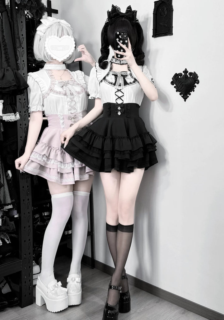 Jirai Kei Heart Lace Collar Blouse, High-waisted Tiered Skirt 45726:862538