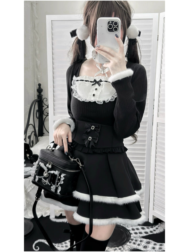 Jirai Kei Black High Waist Skirt, Faux Fur Trim 46105:875448