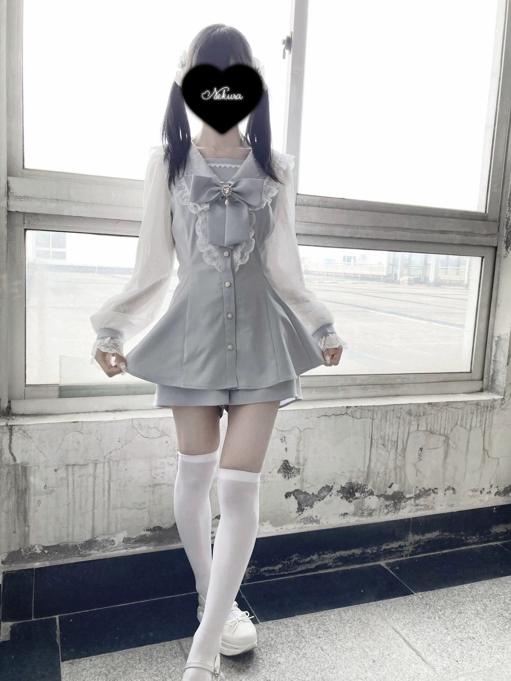 Jirai Kei Set Up Lace Sailor Collar Dress Gray Blue Dress 37638:566946