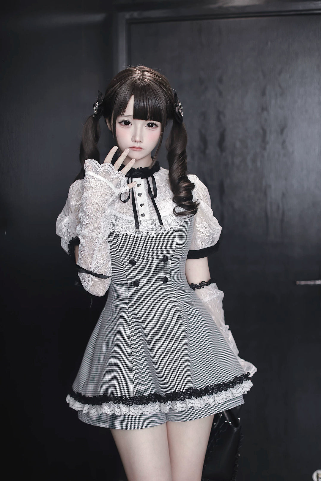 Jirai Kei Houndstooth Pattern Dress, Lace & Detachable Sleeves Houndstooth Dress (with arm Sleeves and shorts) / S