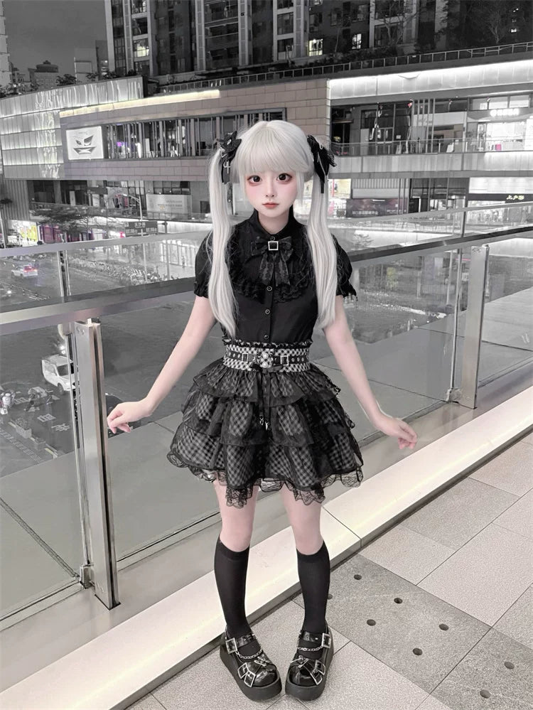 Jirai Kei Black Blouse and Plaid Skirt Set, Tulle Overlay 45572:855455