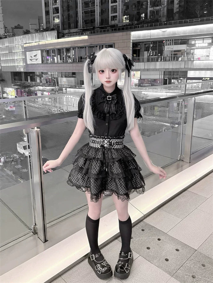 Jirai Kei Black Blouse and Plaid Skirt Set, Tulle Overlay 45572:855455
