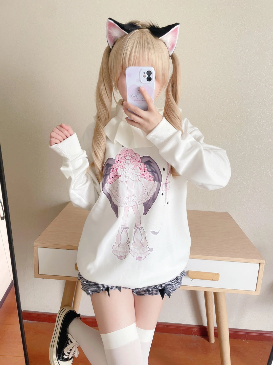 Tenshi Kaiwai Hoodie Angel Print Sweatshirt White Top 38084:579608