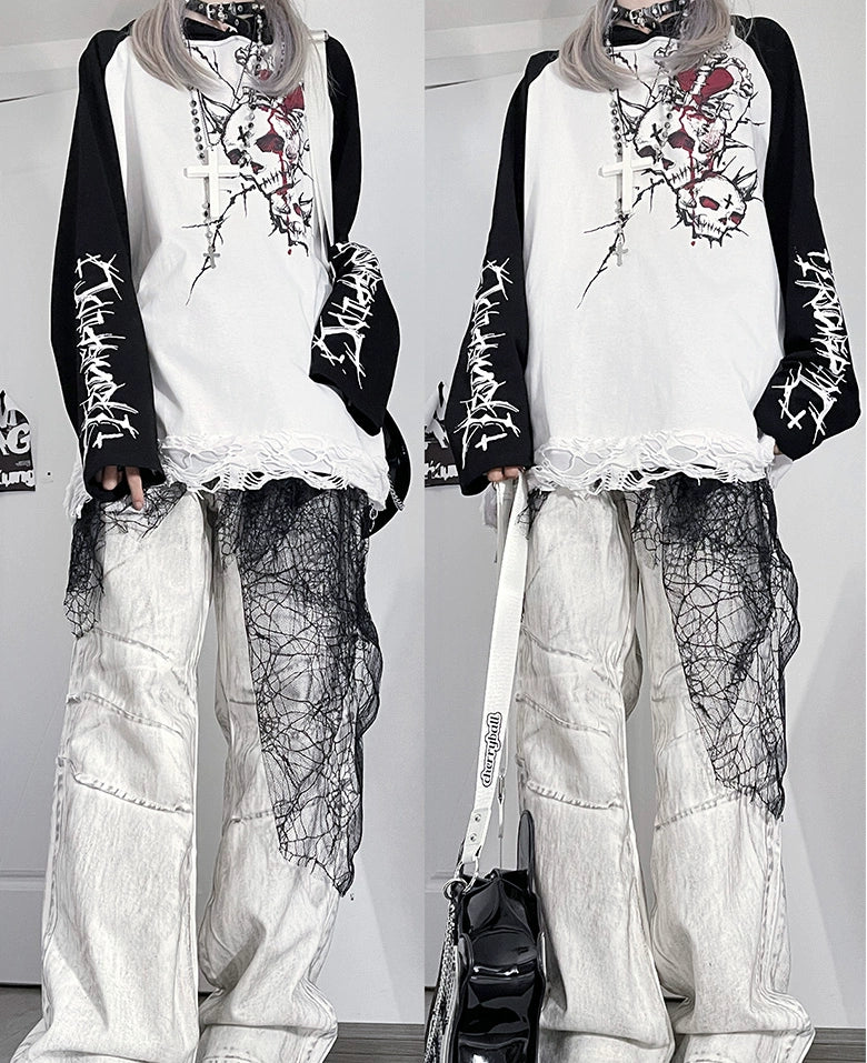 Gothic Cotton Hooded Shirt, Skull Printed 43876:788964