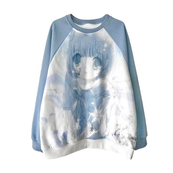 Jirai Kei Blue Sweatshirt Anime Girl Printed Sweatshirt (L M S / Blue) 33326:430994 (L M S / Blue) 33326:430994