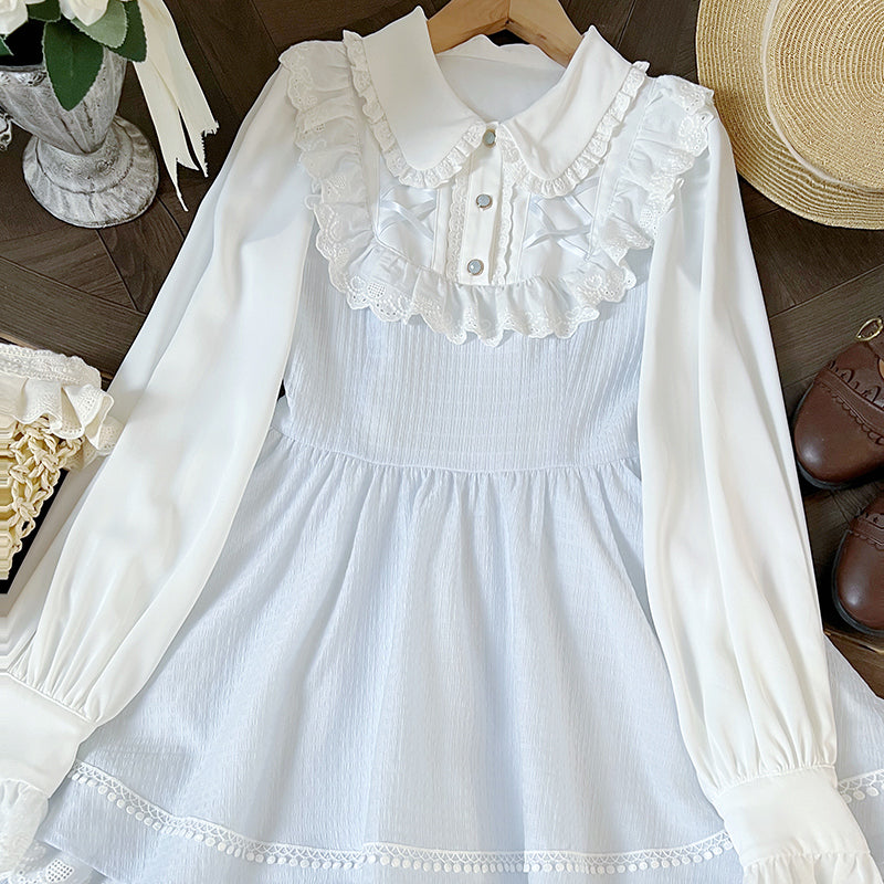 Elegent Dress Blue White Long-sleeved Dress Daily Wear (L M S) 42241:733441