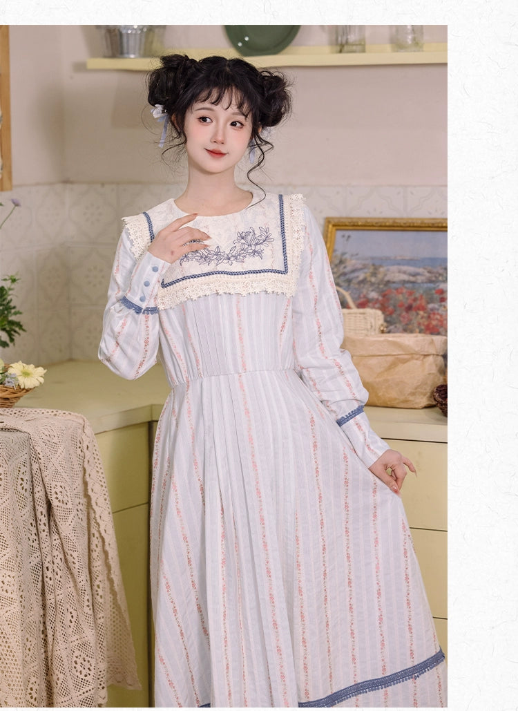 Cottagecore Dress Vintage Floral Striped Dress 36244:534250