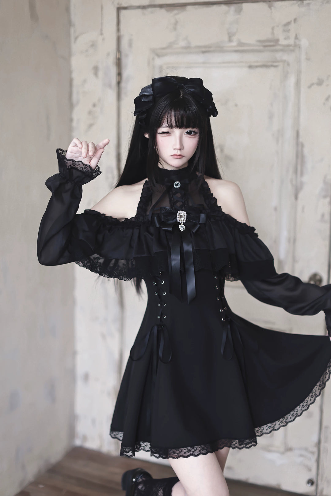 Black Seiso Kei Lace Long Sleeve Dress, Sheer Neckline 45806:863260