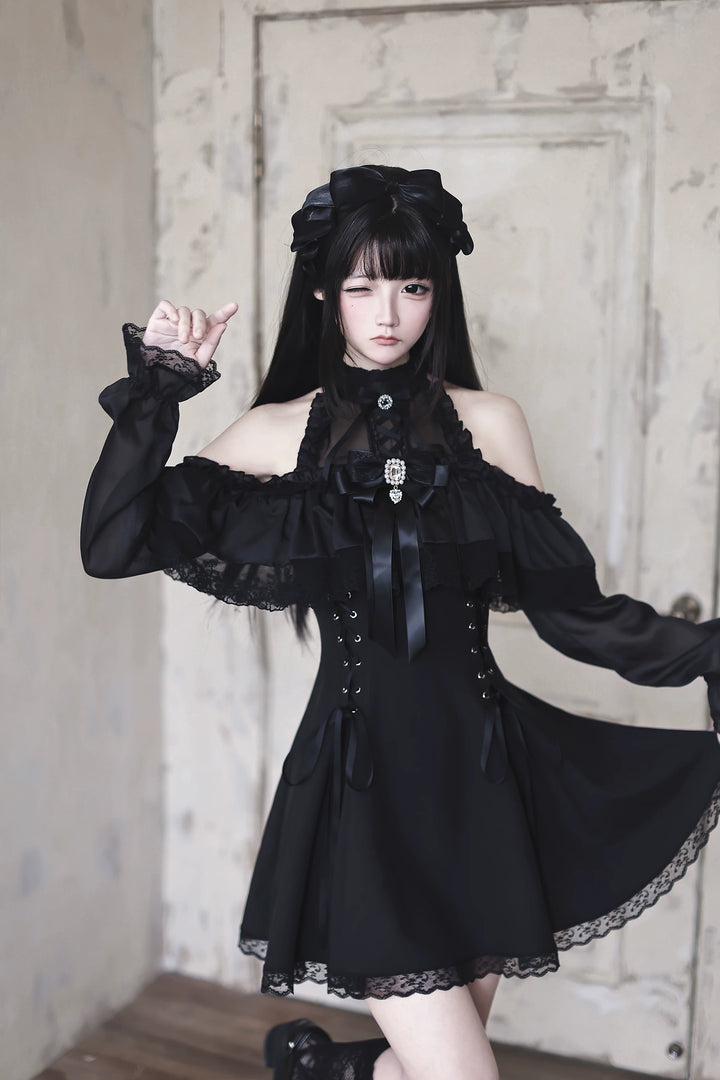 Black Seiso Kei Lace Long Sleeve Dress, Sheer Neckline 45806:863260