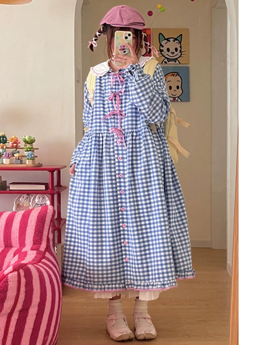 Oversized Mory Kei Dress Plaid Long Sleeve Dress Sweet Dress 36168:517294