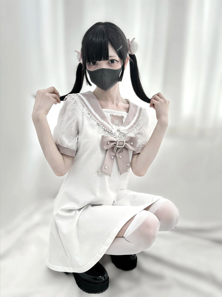 Jirai Kei Dress Sailor Collar Pearl Lace Dress 37656:606540