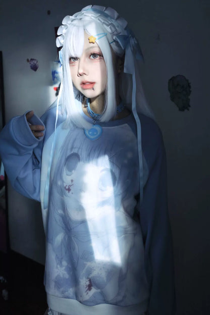 Jirai Kei Blue Sweatshirt Anime Girl Printed Sweatshirt 33326:430950