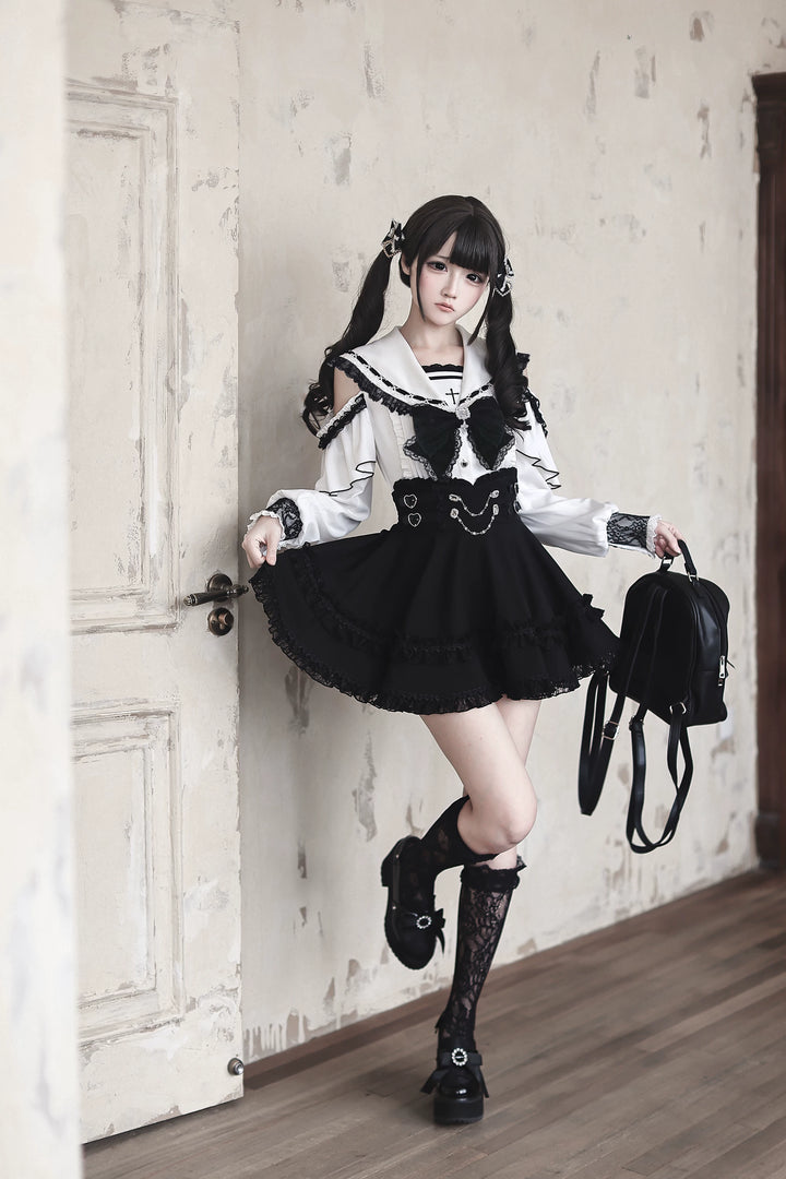 Lace Jirai Kei Sailor Collar Blouse, High Waist Skirt Set 45626:859352