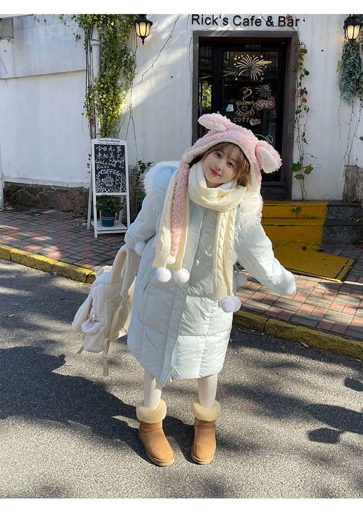 Kawaii Winter Coat Rabbit Ear Hooded Long Down Jacket (Blue / M S) 40340:665544