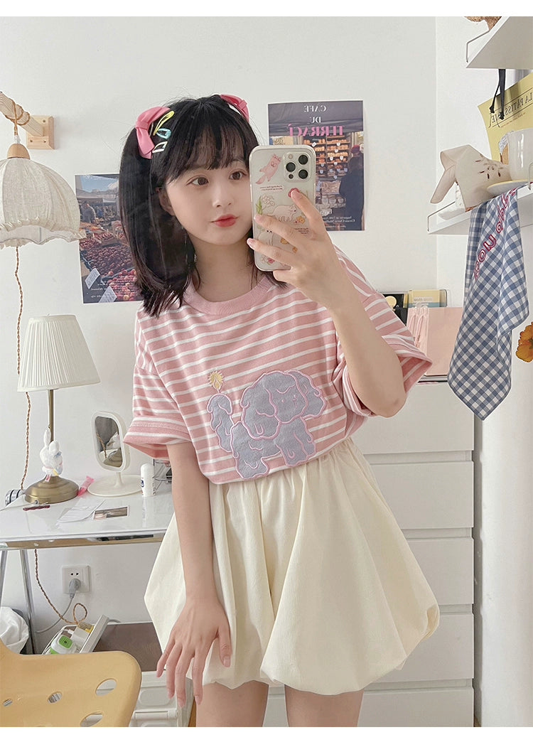 Kawaii Aesthetic Shirt Striped Short Sleeve Cotton Top 36562:518422