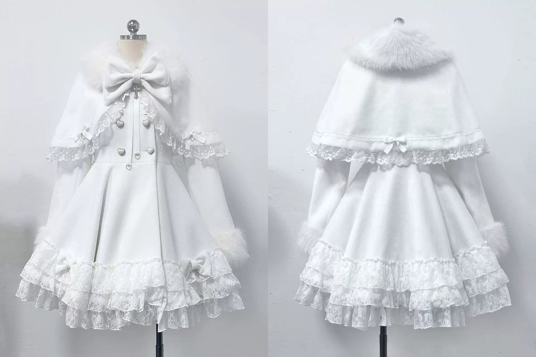 Winter Jirai Kei Coat With Detachable Cape Lace Trim Coat (White / L M S) 41574:705084