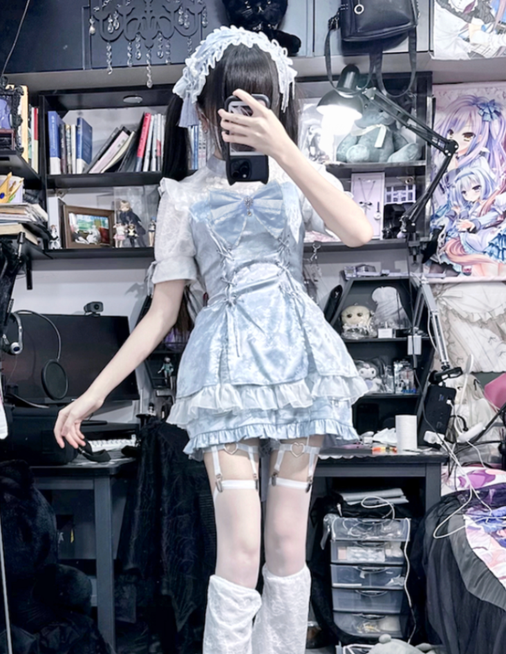 Jirai Kei Dress Set Chinese Style Lace Suit Short Sleeve Dress (L M S XL) 35598:500514