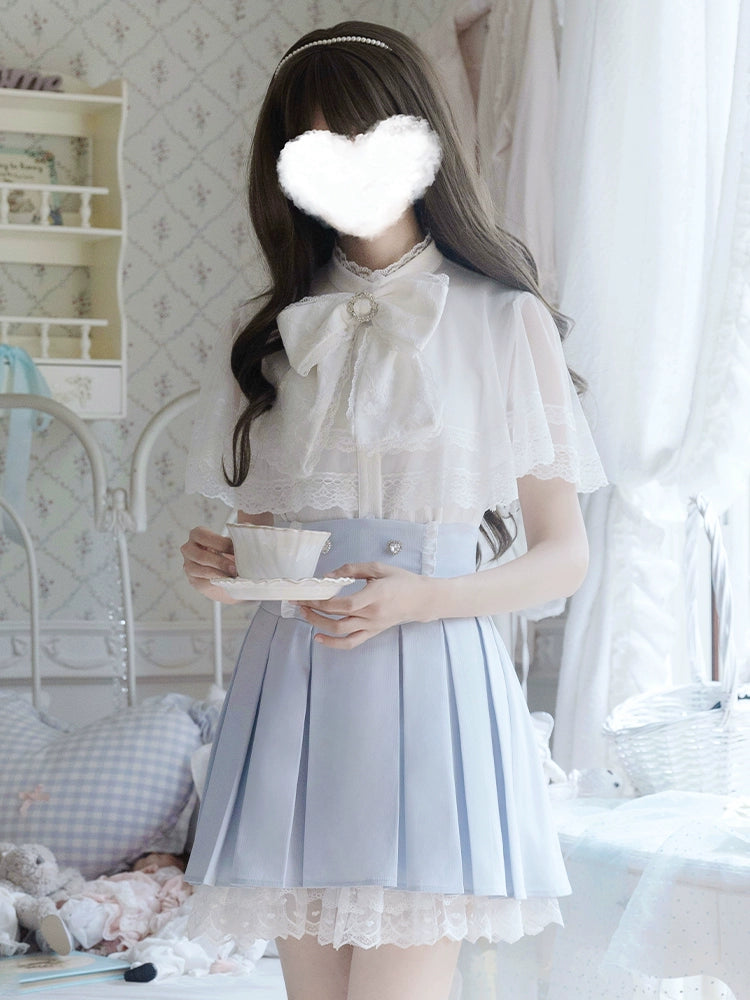 White Ryousangata Cape Blouse + BLue Pleated Skirt + Bow Tie (L M S) 43066:764266
