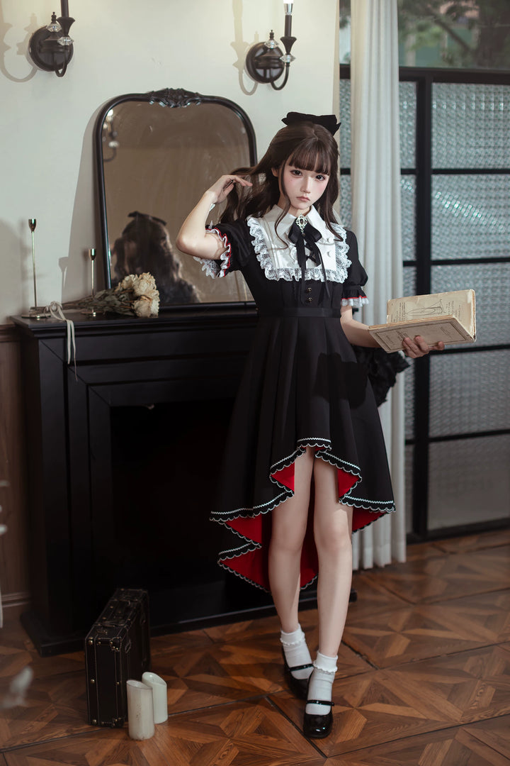 Gothic Style Lace Trim Dress, High-Low Hem 45334:848907