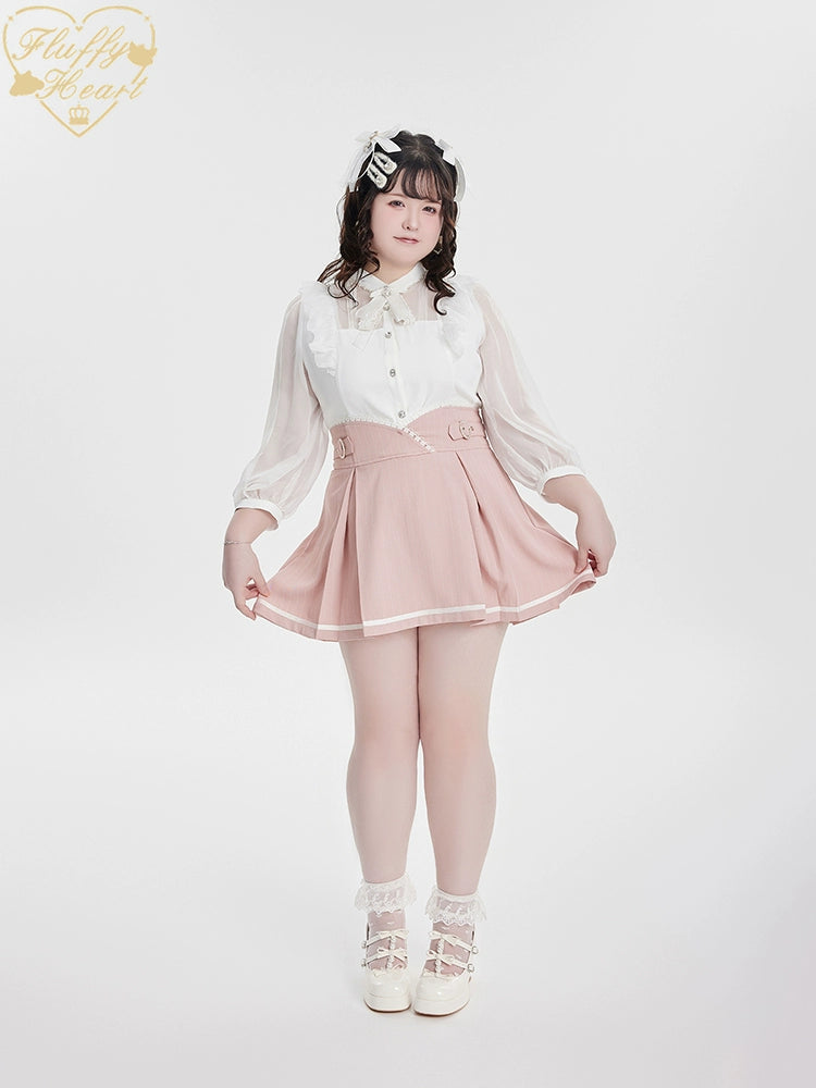 White Pink Jirai Kei Blouse Sheer Lace Shirt with Rhinestone 32914:403842