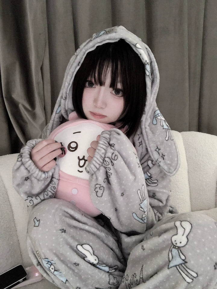 Bunny-ear Hooded Pajamas Set, Angel Bunny Print 44749:830351