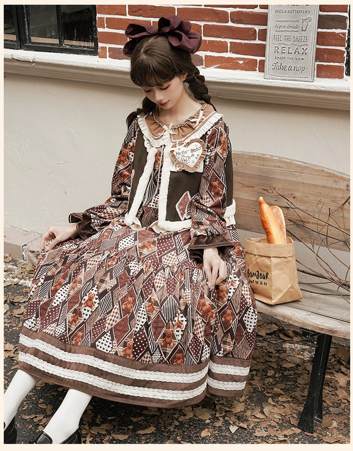 Lolita Dress Bear Embroidered Long Sleeve Dress And Vest 32068:382232 32068:382232