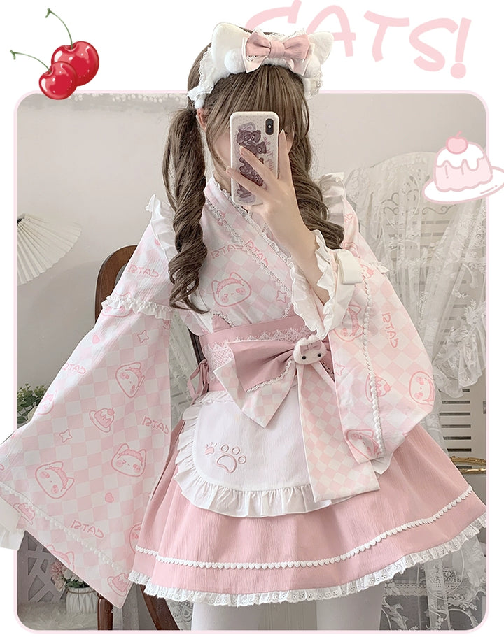 Kimono Lolita Plaid Princess Sleeve Shirt Kawaii Skirt Set 38964:606864