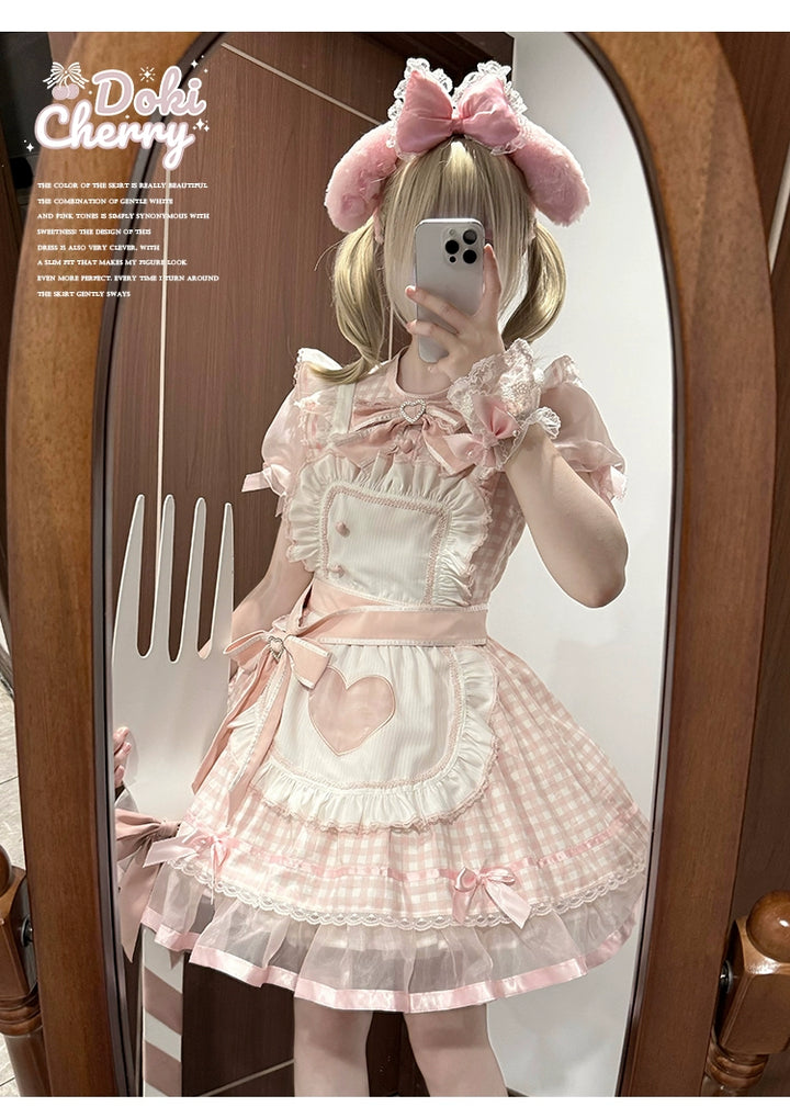 Plaid Jirai Kei OP Dress in Maid Style with Removable Apron 43004:763156