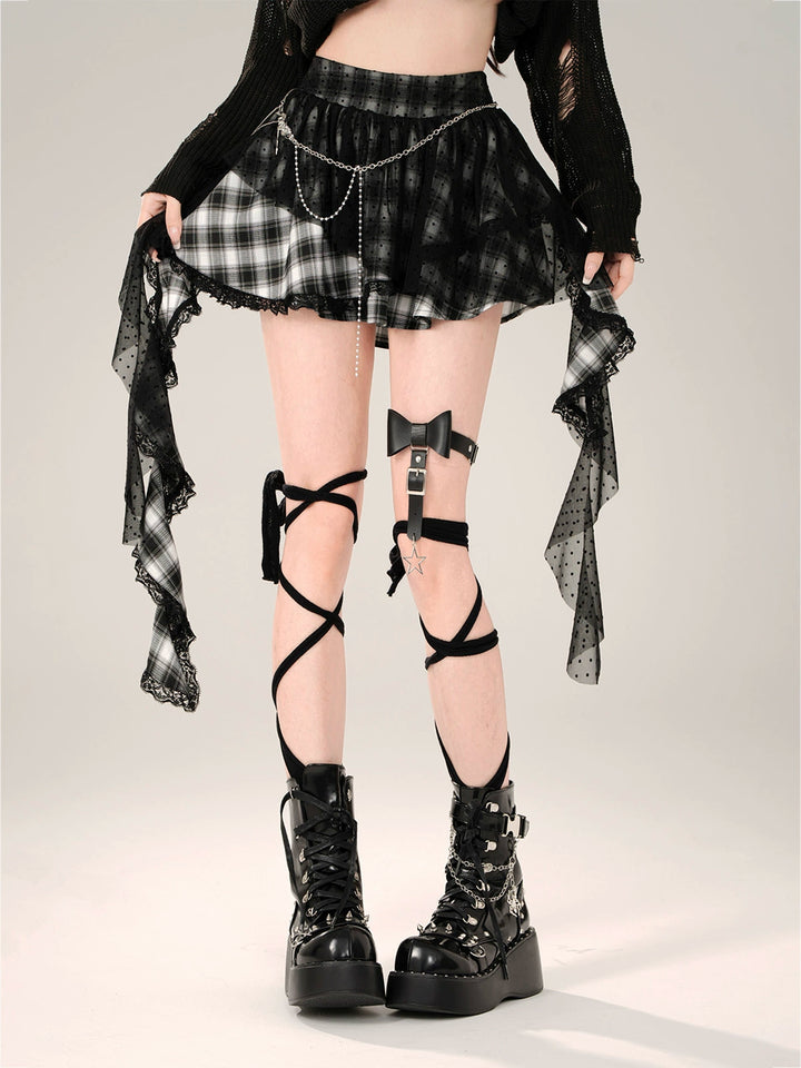 Gyaru Skirt Black Plaid Irregular Polka Dot Mesh Skirt (Black / L M S) 41996:722020