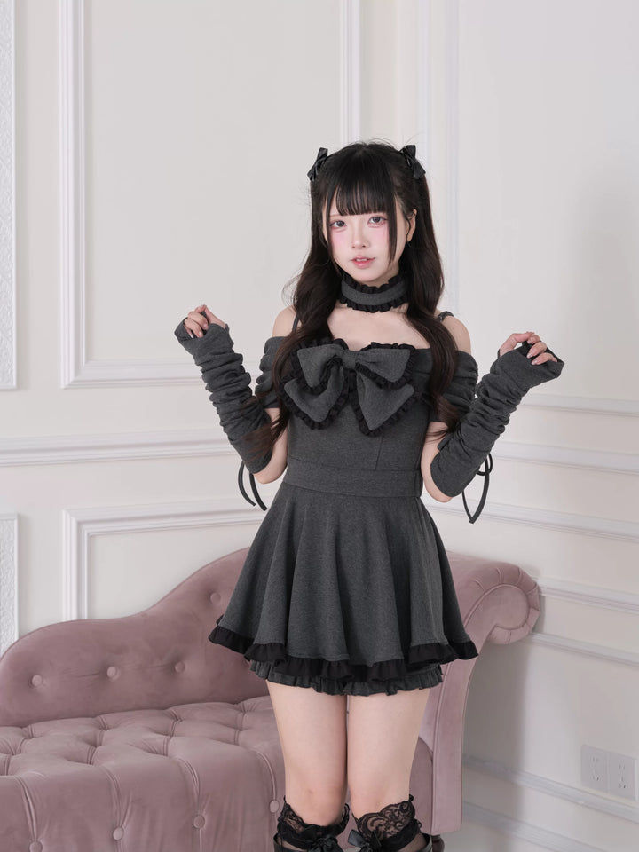 Jirai Kei Dress Set, Off-Shoulder Dress, Ruffled Choker (M S) 44943:830419