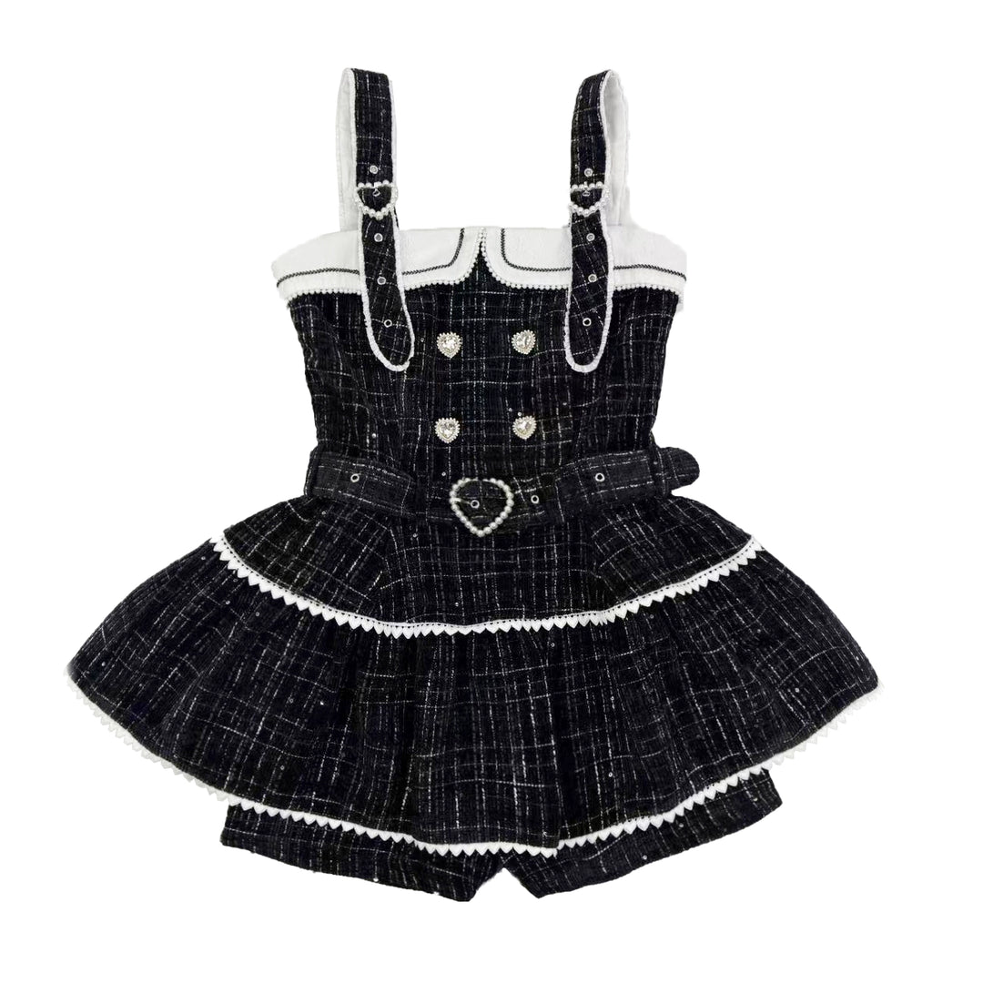 Tweed-like Jirai Kei Suspender Skirt, Matching Shorts (Black / 2XL L M S XL) 44178:799996