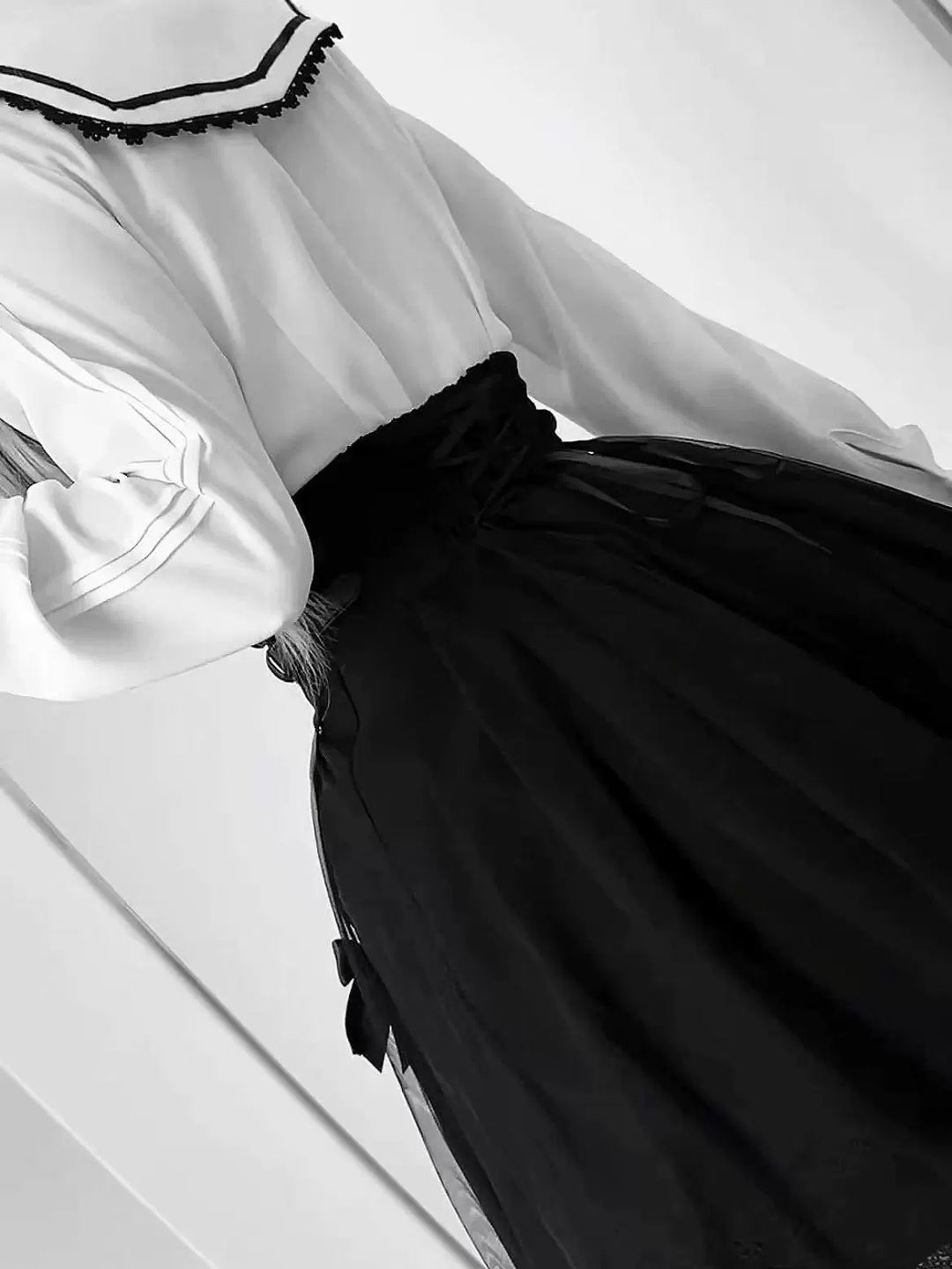 Jirai Kei Pointed Collar Blouse, Black High-Waist Skirt 44216:804927