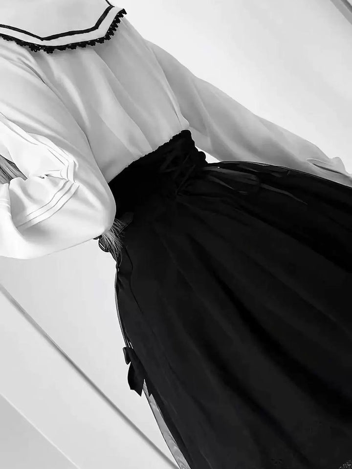 Jirai Kei Pointed Collar Blouse, Black High-Waist Skirt 44216:804927