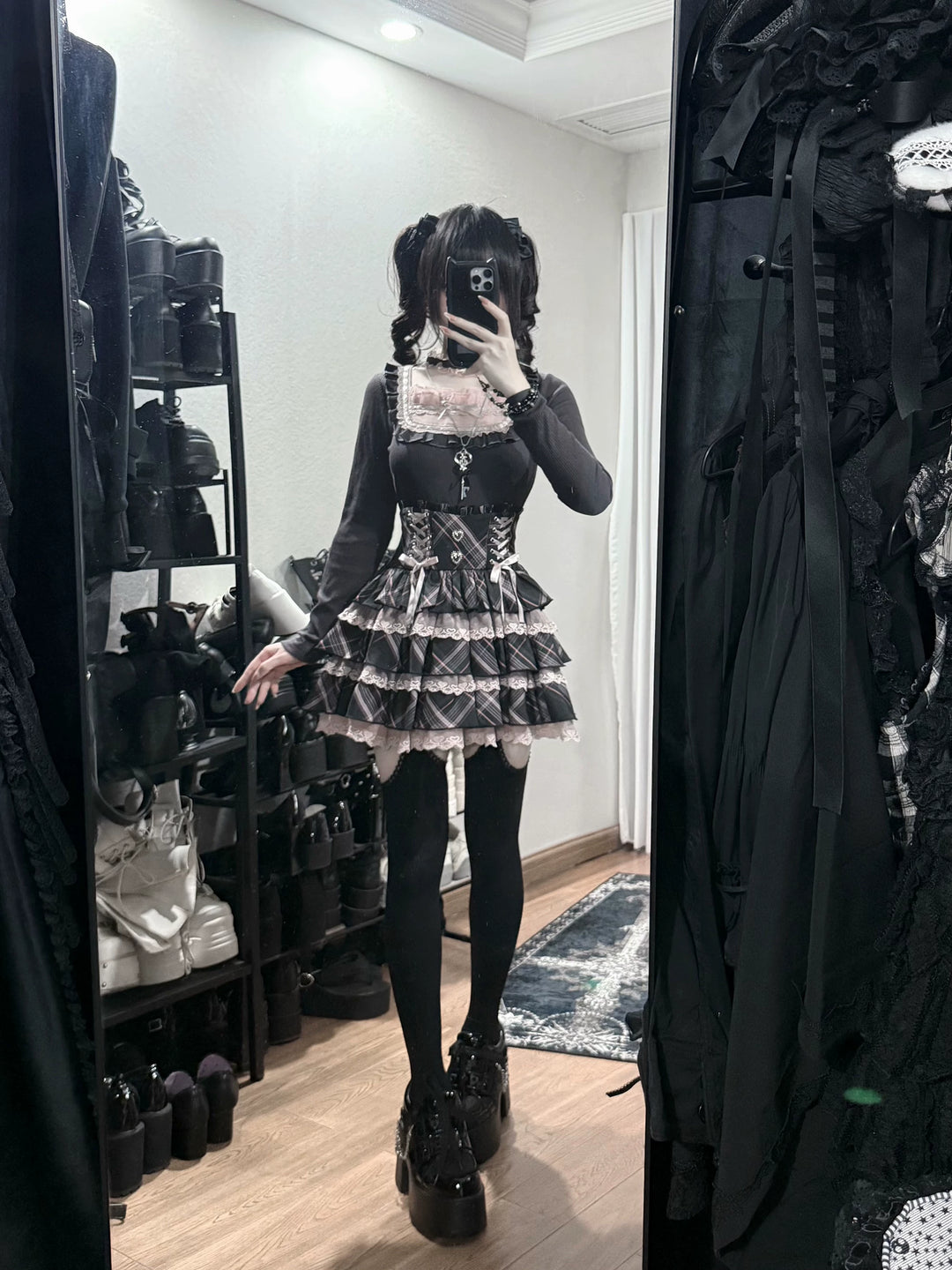 Jirai Kei Knitted Top & Skirt Set, Heart-Shaped Lace Trim 46076:874059