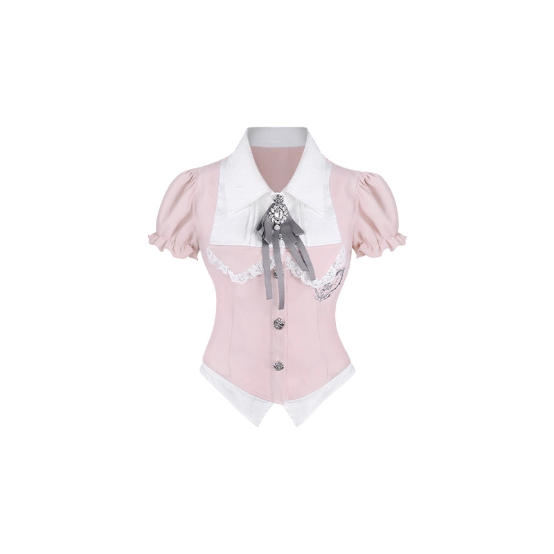 Preppy-Style Gyaru Outfit, Slim-Fit Blouse + Pleated Skirt (M S XS) 43435:779711