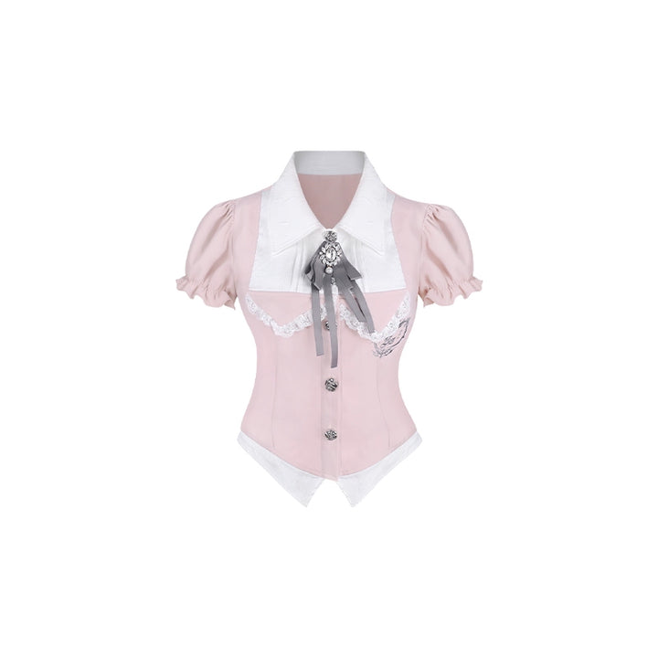 Preppy-Style Gyaru Outfit, Slim-Fit Blouse + Pleated Skirt (M S XS) 43435:779711