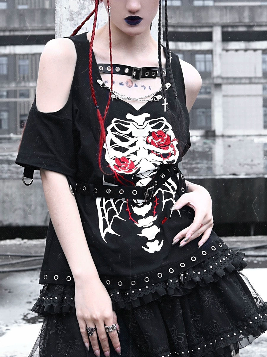 Gothic Skull Embroidered T-Shirt Detachable Sleeves and Leather Buckle 35726:502624