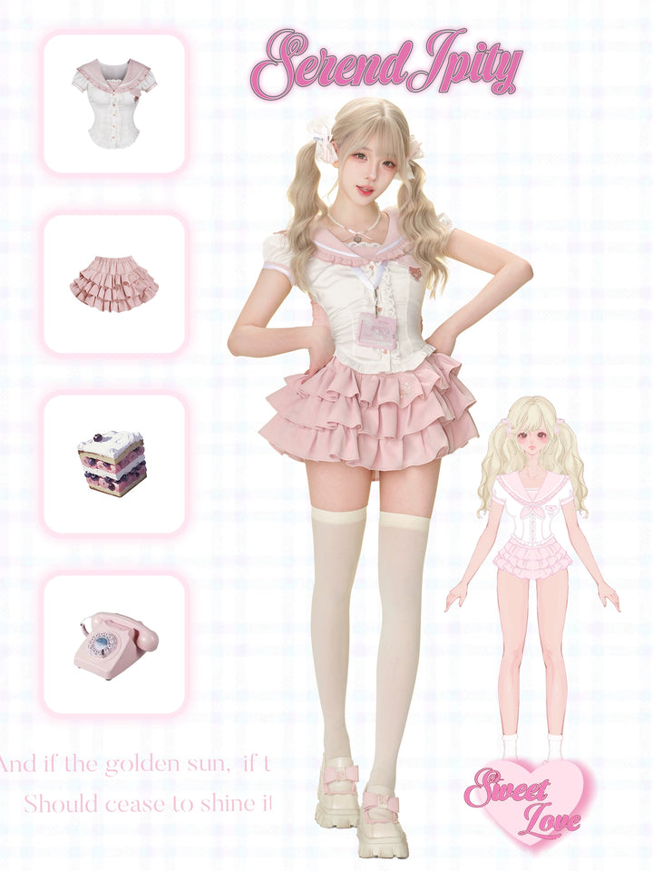 Sweet Gyaru Outfit, Sailor Collar Rabbit Shirt + Pink Skirt 43438:780287