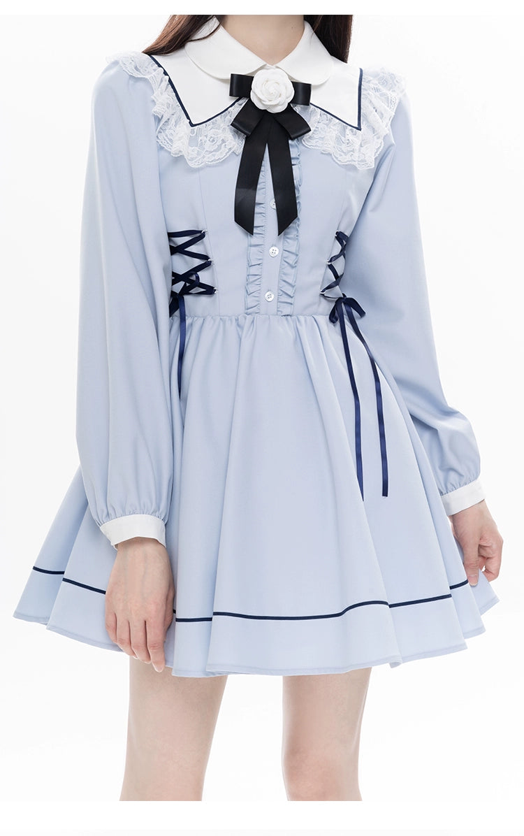 Kawaii French Style Light Blue Long Sleeve Ribbon Dress 21990:325084