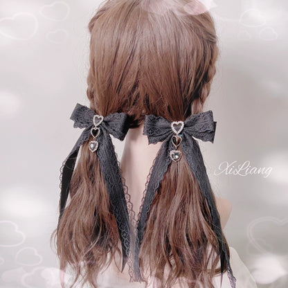 Handmade Lolita Hair Clip Black Lace Bow Rhinestone Hairpins 28906:358430