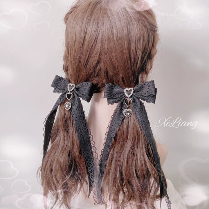 Handmade Lolita Hair Clip Black Lace Bow Rhinestone Hairpins 28906:358430 28906:358430