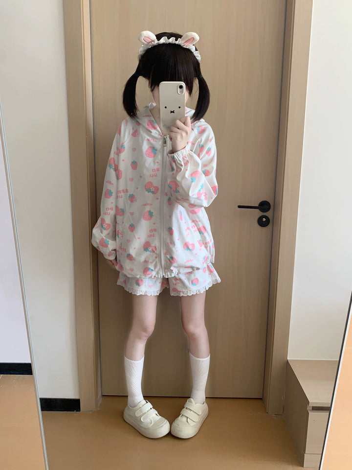 Kawaii Bunny Ears Jacket Set With Strawberry Bunny Prints 42900:760361