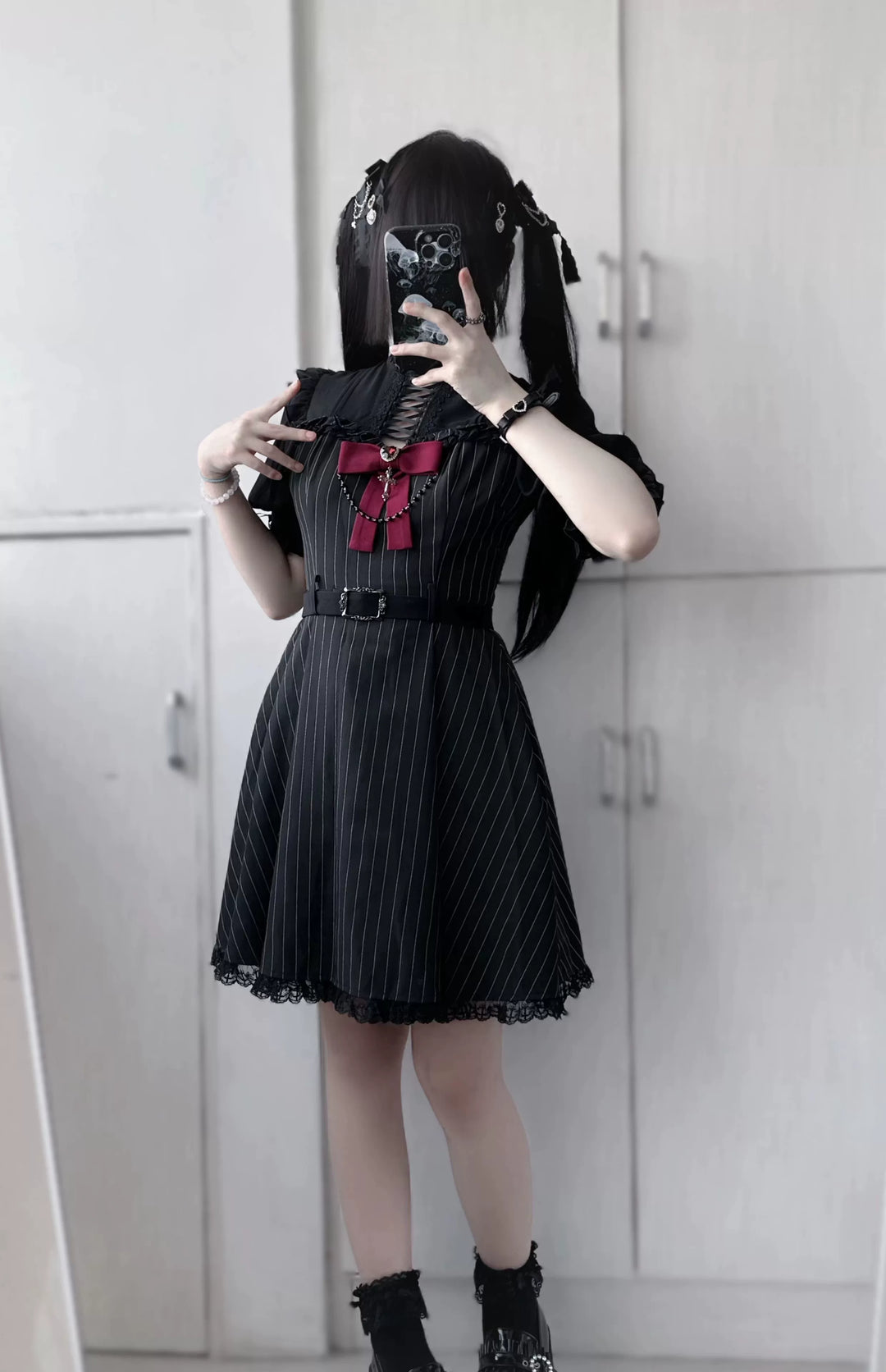 Jirai Kei Dress Short Sleeves Lace-Up Dress With Bow Tie 41036:685886