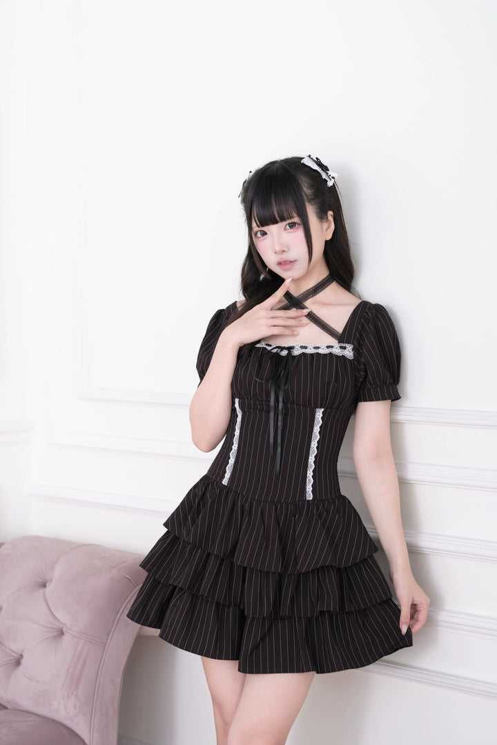 Jirai Kei Striped Halter Dress, Lace and Bow 45722:860231