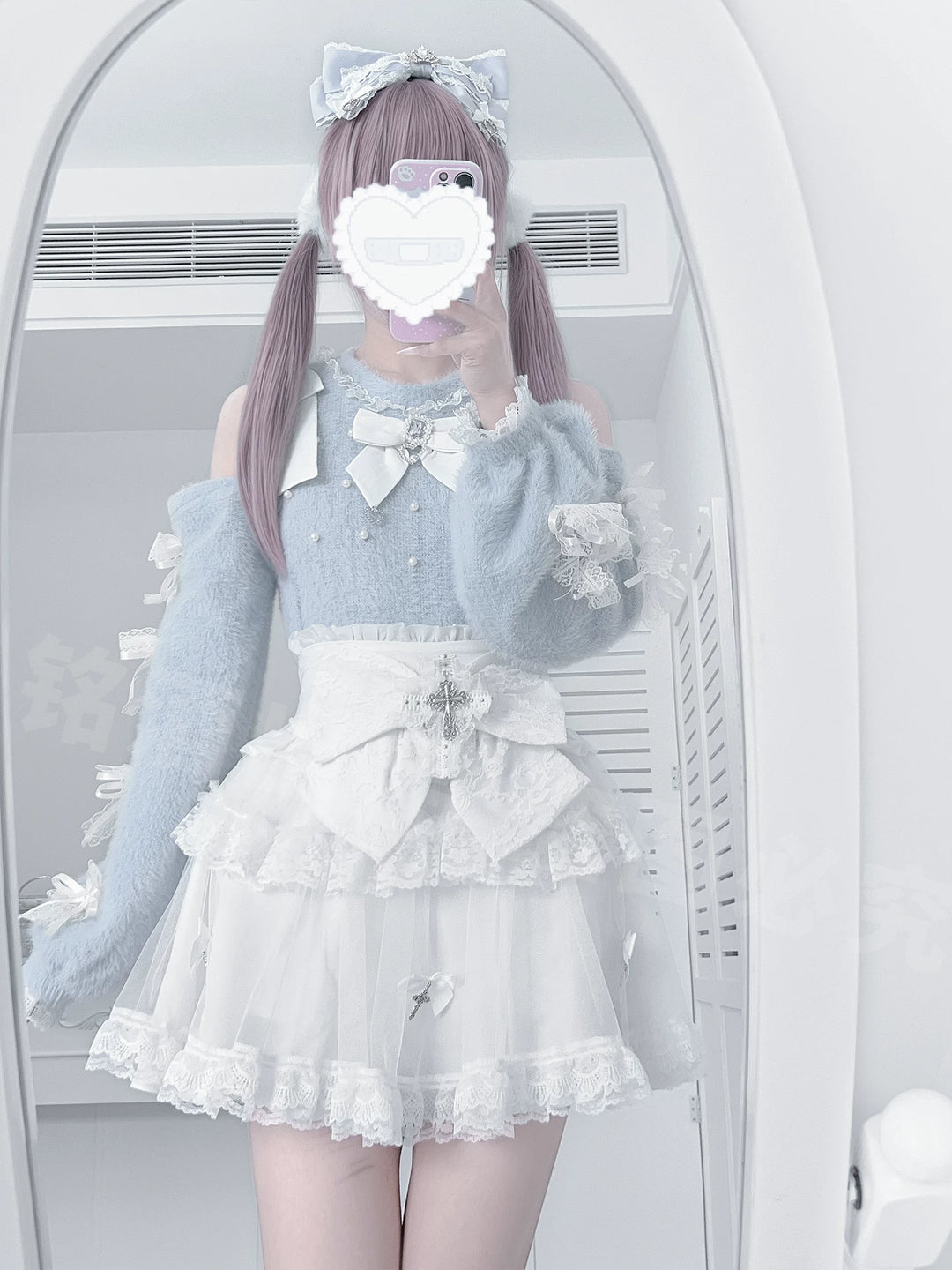 Jirai Kei Open Shoulder Plush Sweater, Tiered Skirt 44565:812989